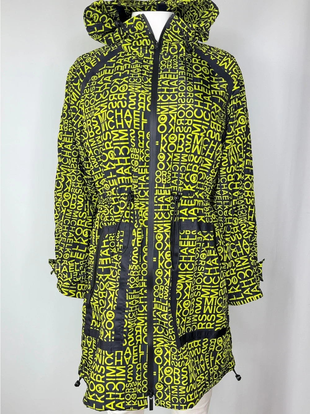 Michael Kors Hooded Rain Jacket Women’s XS Black Neon Logo Packable Windbreaker
